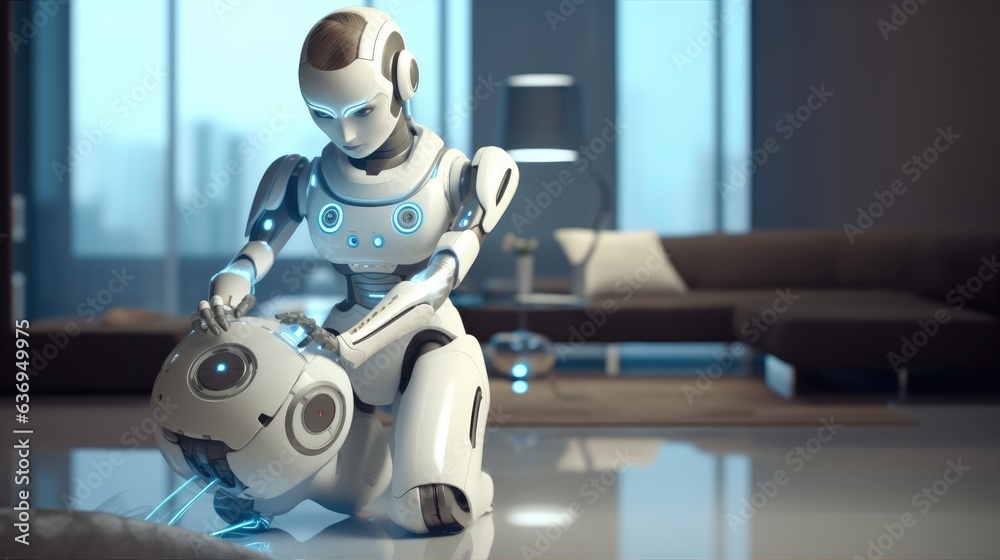 Poster housekeeping robot maid working with a vacuum machine, technology concepts.