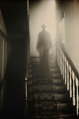 Black and white photo from an old camera of ghost going upstairs © Lumos Maxima