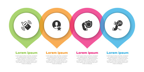 Set Mobile phone, Elected employee, Telephone handset with shield and 24 hours support. Business infographic template. Vector