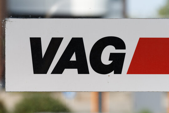 Nuremberg, Germany - August 18th, 2023: VAG Logo. The Verkehrs-Aktiengesellschaft N&uuml;rnberg (VAG; Nuremberg Transport Company)  for operating the U-Bahn, trams, and buses at the city of Nuremberg