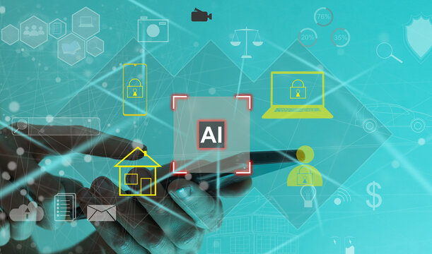 Man hand with pen working with abstract virtual artificial Intelligence symbol hologram on blurred office background. Multiexposure