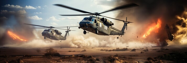 Military helicopter ready to fly from conflict zone, War concept - obrazy, fototapety, plakaty