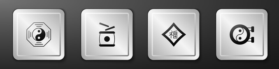 Set Yin Yang symbol, Chinese drum, New Year and icon. Silver square button. Vector