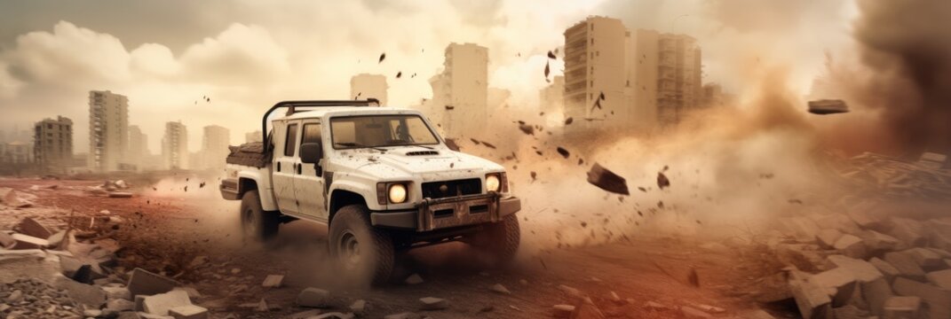 Military pickup truck with machine gun crosses through destruction environment at war zone.