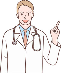 Fototapeta premium Professional young male doctor character showing, pointing and presenting with hand for decoration. Hand drawn style.