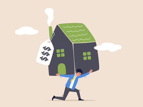 House mortgage concept. Overpay in real estate, too much invest or expense to pay for debt and loan in economic crisis, tried depressed office worker man carrying house with expensive price tag.