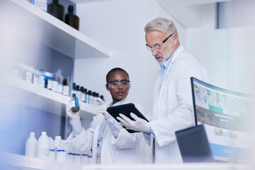 Science, black woman and man with tablet in laboratory for inventory list of chemicals for biotech research. Scientist team in lab with digital checklist for stock of pharmaceutical product in study. - obrazy, fototapety, plakaty