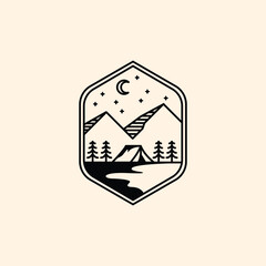 camping logo line art simple illustration, symbol camping logo design, adventure logo illustration