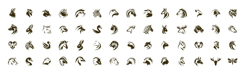 Set of animal head profile icons. Collection of simple flat wildlife logos