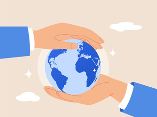 Save the world. World care and support concept, peace or ecology, sustainability and environment protection, businessman hand holding planet earth with care and other hand cover for protection.