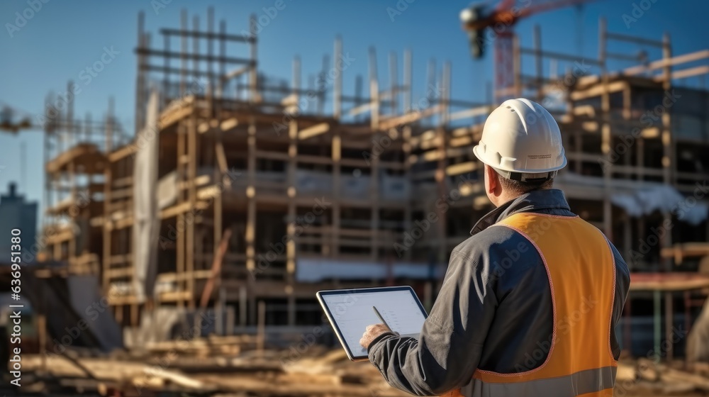 Poster engineer in a protective helmet stands against the background of a construction site.