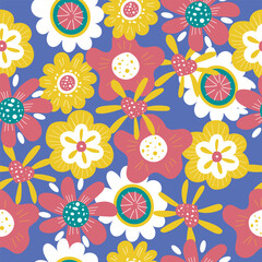 Colourful and bright seamless pattern with hand drawn fantastic flowers. Vector square design.