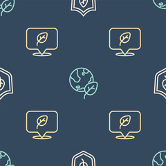 Set line Vegan food diet, and Earth globe and leaf on seamless pattern. Vector