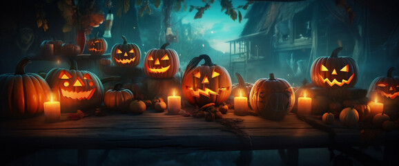 candle halloween horror background mystery night evil fear table blue pumpkin. Generative AI.