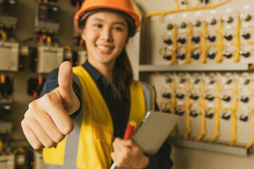 Engineer electrician confident female worker showing thumbs up checking machine control cabinet three phase electrical system using 380 volts electricity with frequent tripping main breaker problem. - obrazy, fototapety, plakaty