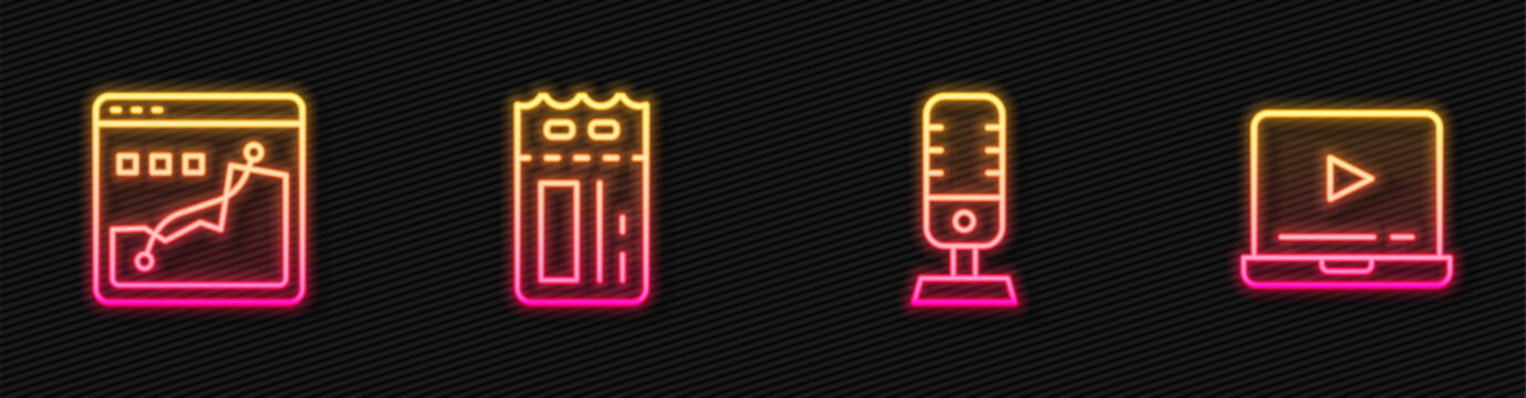 Set line Microphone, Histogram graph photography, Cinema ticket and Online play video. Glowing neon icon. Vector