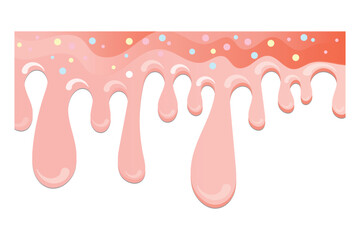 Pink soft ice cream, splashes of sweet candies, long border, seamless banner pattern, vector white background.