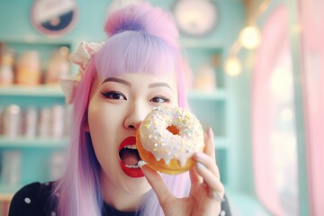 Woman bitting donut. Generate Ai