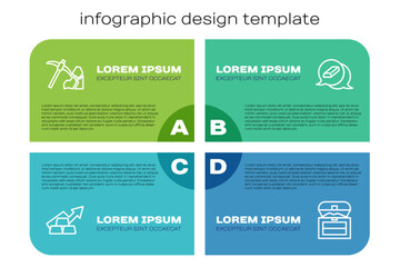Set line Growth arrow with gold bars, Gold mining, Antique treasure chest and . Business infographic template. Vector