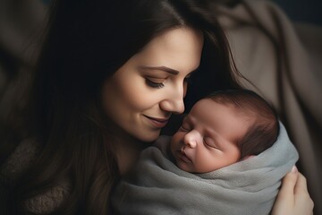 Young mother lovingly cradles her newborn baby in her arms