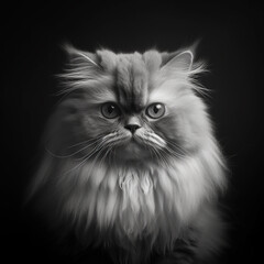 A cute and adorable persian cat, black and white photo, black background