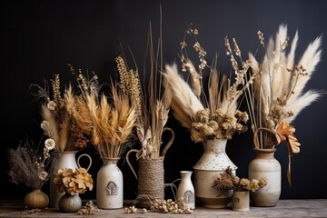 still life with dry flowers and wheat autumn decoration. Thanksgiving flower arrangement