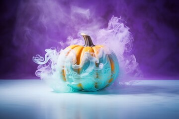 Orange green mint color of pumpkin smoking on purple background.Minimal positive scene of Halloween...