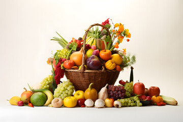 A photo of a cornucopia filled with seasonal fruits and vegetables