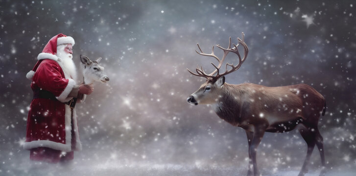 greeting christmas sleigh card illustration snow santa vintage reindeer claus. Generative AI.