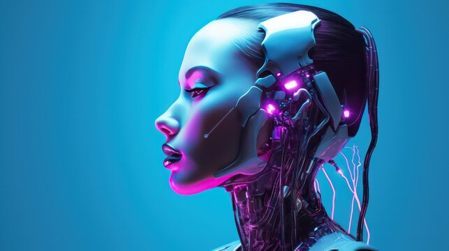 Beautiful android robot woman profile closeup on blue neon horizontal background. Artificial intelligence.