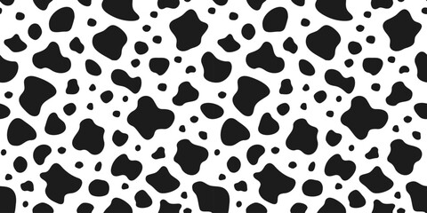 Vector cow seamless pattern. Black and white animal skin texture background. Milk farm, dairy illustration for print, pattern fill, surface design. Cartoon irregular spots wallpaper