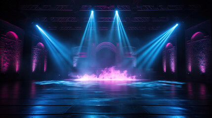 Concert stage with smoke and lights. Generative Ai