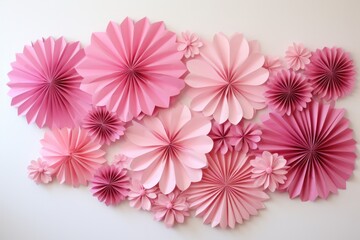 pink and white paper flowers decoration. Folded paper craft.