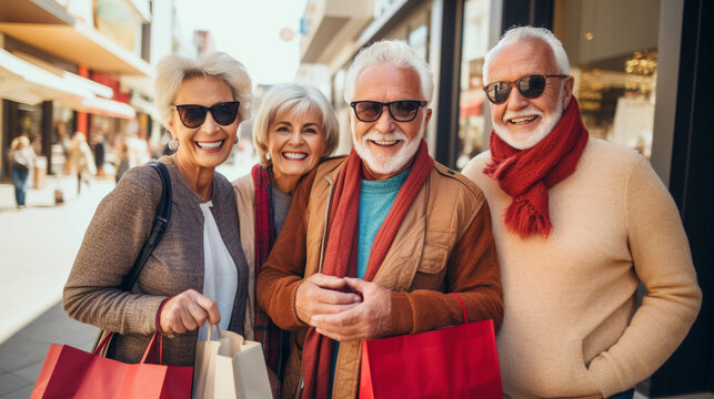 Senior Friends Enjoying Shopping Trip with Bright Smiles, wide banner with copy space area, black friday, christmas present, gift,  