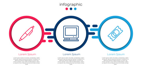 Set line Pen, Retro tv and Cinema ticket. Business infographic template. Vector