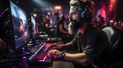 Professional gamer playing online games on computer at night club. Gaming and entertainment concept.