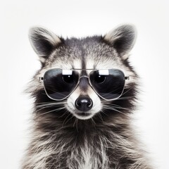 close-up of Raccoon with sunglasses on white background