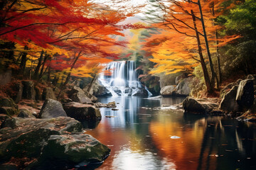 A photo of a tranquil waterfall surrounded by vibrant autumn