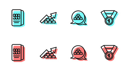 Set line Gold bars, 24k, Growth arrow with gold and medal icon. Vector