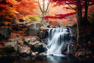A photo of a tranquil waterfall surrounded by vibrant autumn