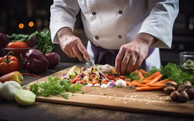 Fotobehang Chef preparing food by cutting vegetables on cutting board in the restaurant kitchen, close up view of hands of cook, generative ai © GulArt