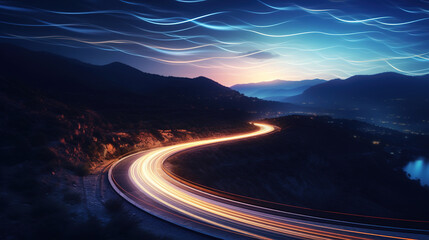 A Long Exposure Photo of a Highway at Night.Generative Ai