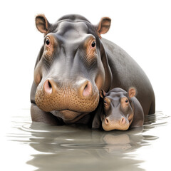 hippo mom and baby hippo isolated on transparent background cutout , generative ai