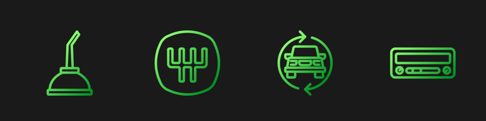 Set line Car service, Canister for motor machine oil, Gear shifter and audio. Gradient color icons. Vector