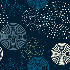 Circles and dots hand drawn vector seamless pattern in blues tones, fashion, print repeating background