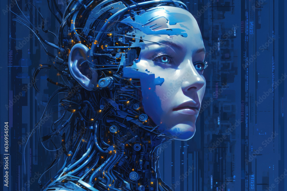 Poster view of female robot with wires inside of head.portrait of a female android robot.artificial intelli
