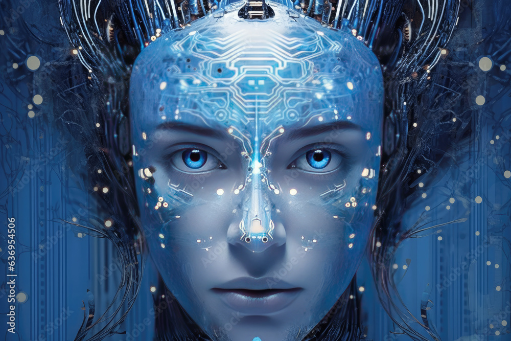 Poster view of female robot with wires inside of head.portrait of a female android robot.artificial intelli