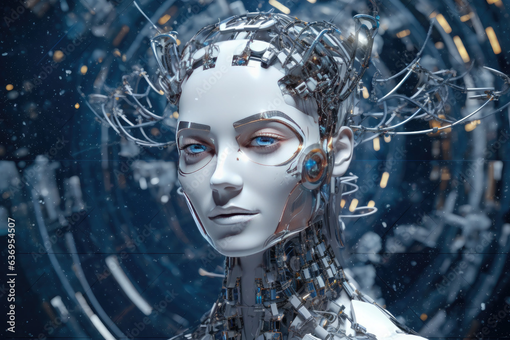 Poster view of female robot with wires inside of head.portrait of a female android robot.artificial intelli
