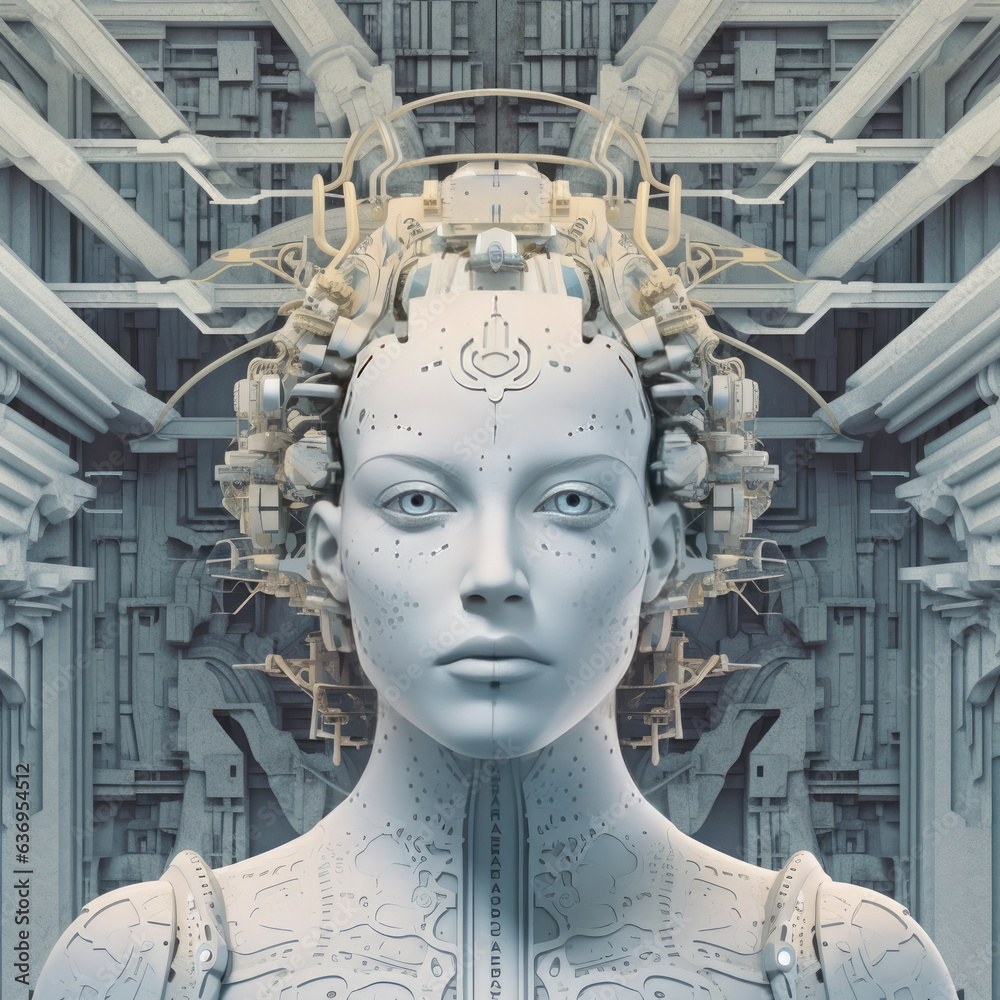 Poster view of female robot with wires inside of head.portrait of a female android robot.artificial intelli
