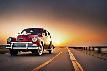 Vintage car on the road with sunset view 